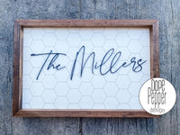 Farmhouse Family Name Sign with Pattern Background (Herringbone, Subway Tile, Honeycomb)