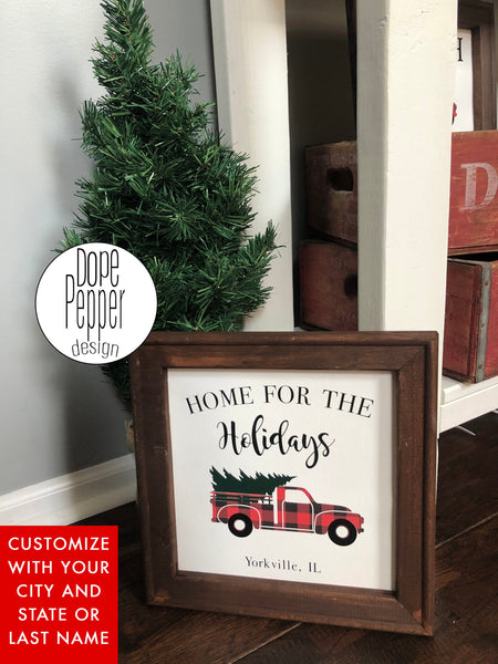 Personalized Home for the Holidays Buffalo Plaid Reverse Canvas with Wooden Frame - Farmhouse, Christmas sign, Custom Christmas Sign